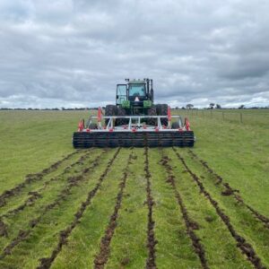 Yeomans large plow fitted with hydraulic crumble roller and hydraulic depth control wheels, also using coulters infront of shanks, minimal soil disturbance