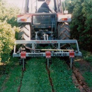 Yeomans sb6 fitted with 3 shanks wombat points and coulters in between rows of large trees